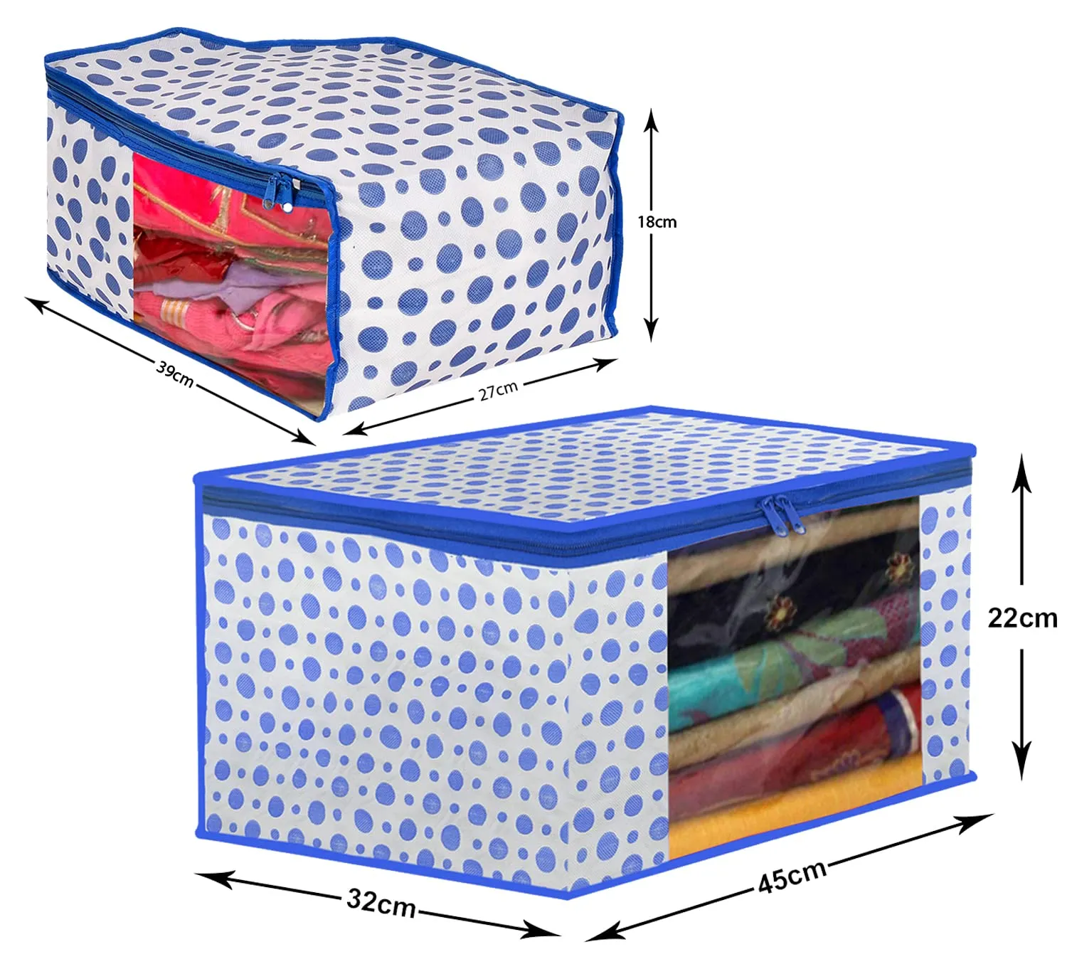 Heart Home Dot Printed Non-Woven Blouse & Saree Cover, Cloth Organizer, Wardrobe Organiser Set With Tranasparent Window- Pack of 2 (Blue)-46HH0466