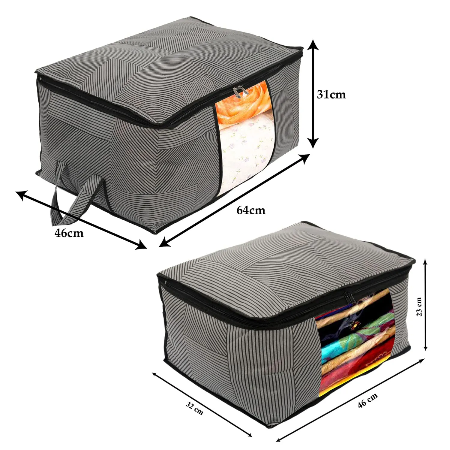 Heart Home Non-Woven Lining Print 3 Pieces Underbed Storage Bag & 3 Pieces Saree Cover With Transparent Window, Pack of 6 (Gray)