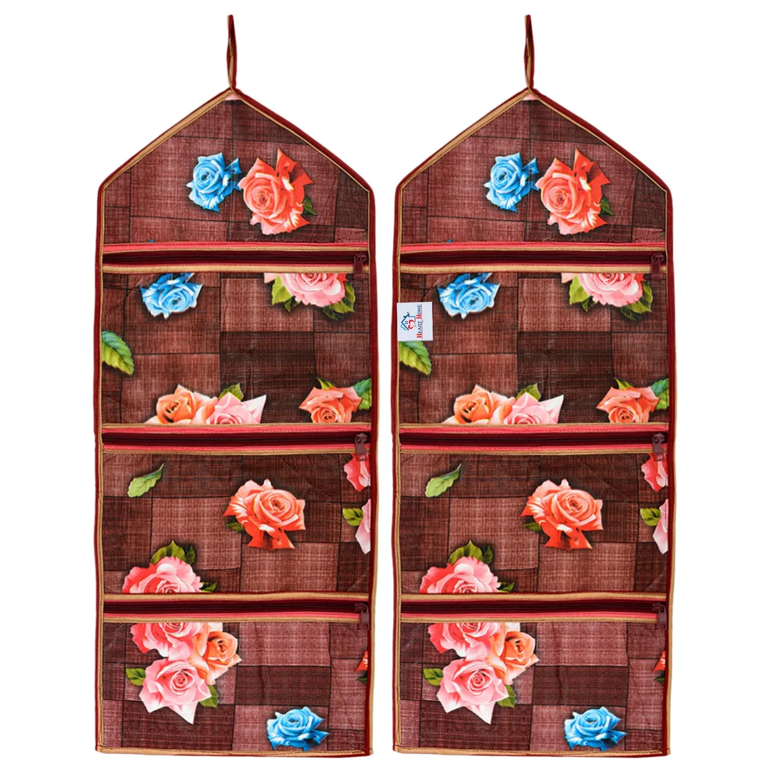 Heart Home Paper Holder | Foldable Hanging Organizer | PVC Flower Pattern Document Holder | 3 Pocket Wall Hanging Holder with Zipper | Pack of 2 | Maroon