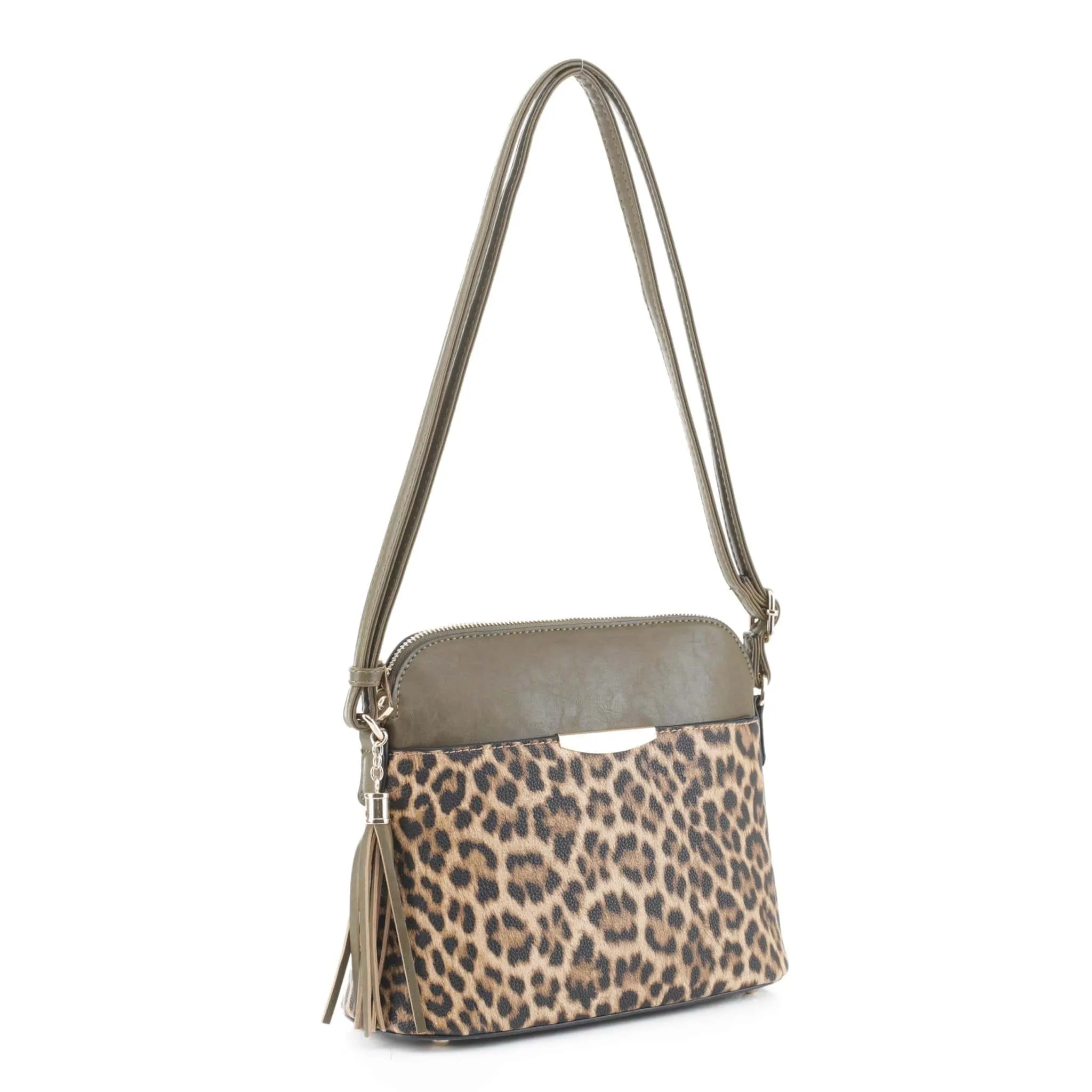 HY5314AL Leopard Front Pocket Dome Crossbody w/ Tassel