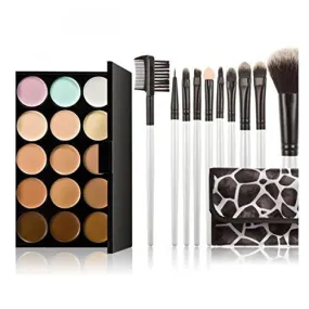 Imported 15-Colors Concealer Palette   10Pcs Eyebrow Power Makeup Brush Set White