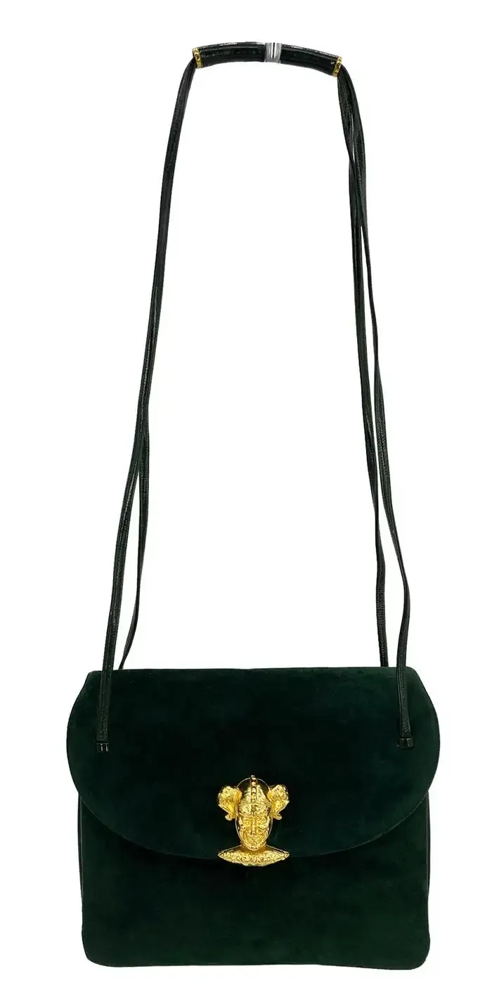 Judith Leiber Green Suede Gold Clown Shoulder Bag