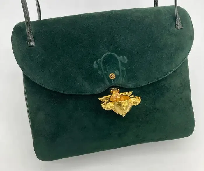 Judith Leiber Green Suede Gold Clown Shoulder Bag