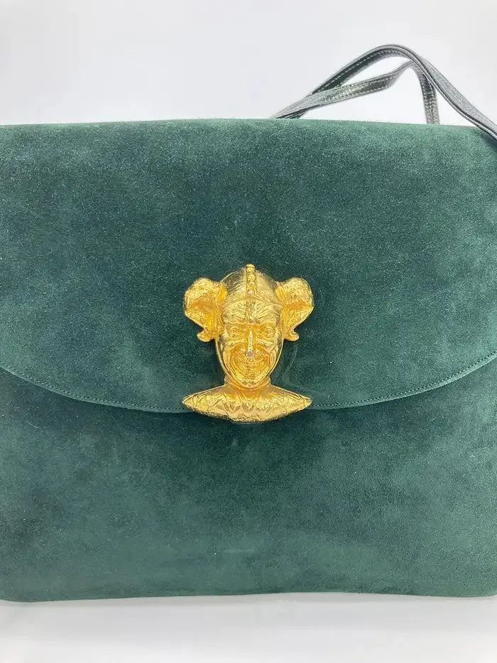 Judith Leiber Green Suede Gold Clown Shoulder Bag