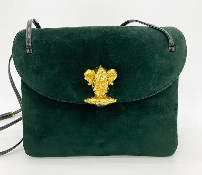 Judith Leiber Green Suede Gold Clown Shoulder Bag