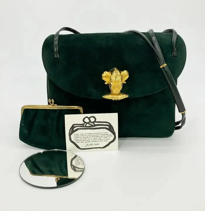 Judith Leiber Green Suede Gold Clown Shoulder Bag