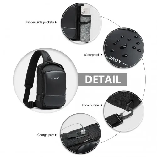 Kono Smart Sling Chest Bag with USB Charging Port - Lightweight Crossbody Backpack for Men & Women - Black