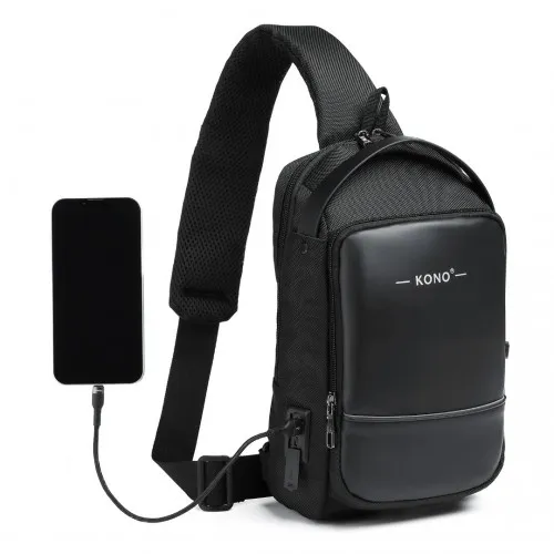 Kono Smart Sling Chest Bag with USB Charging Port - Lightweight Crossbody Backpack for Men & Women - Black