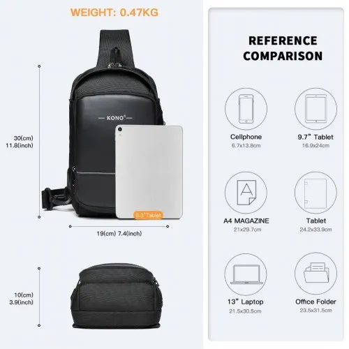 Kono Smart Sling Chest Bag with USB Charging Port - Lightweight Crossbody Backpack for Men & Women - Black