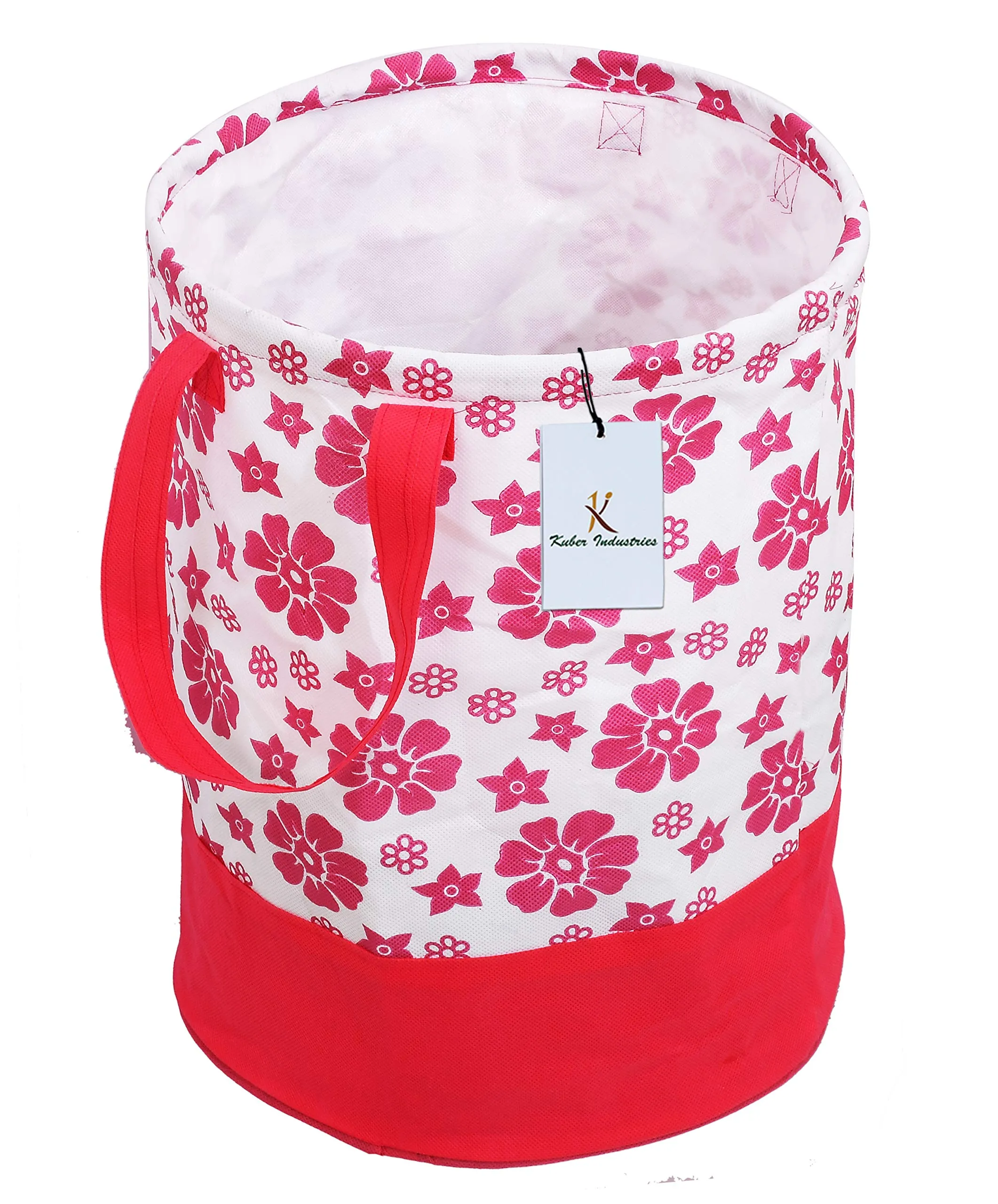 Kuber Industries Flower Printed Waterproof Canvas Laundry Bag|Toy Storage|Laundry Basket Organizer 45 L (Pink) CTKTC034621