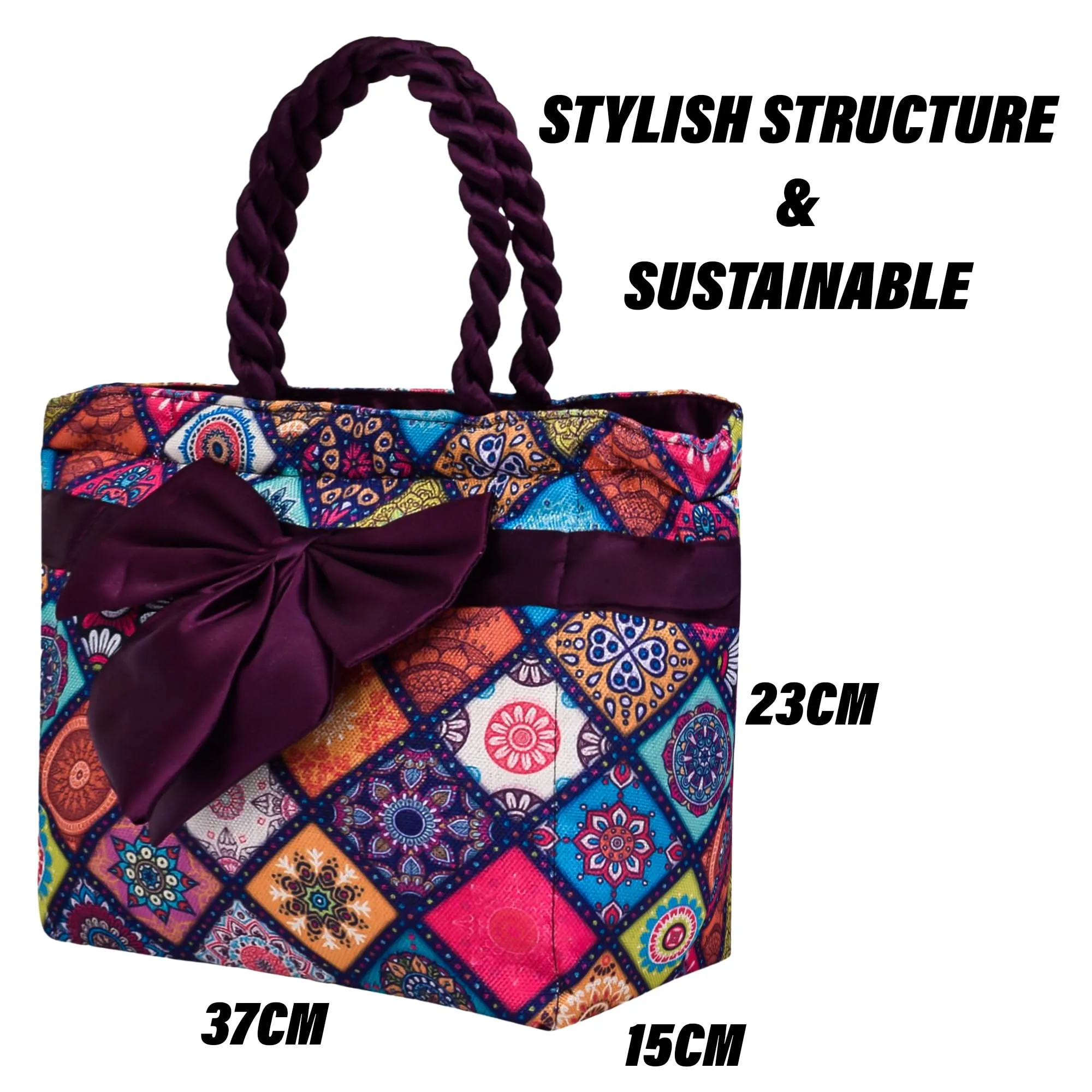 Kuber Industries Hand Purse | Polyester Hand Bag | Woman Shoulder Bag | Top Handle Handbag | Gifting Hand Purse | Ladies Tote Purse | Bow Rangoli Printed Handbag | Wine