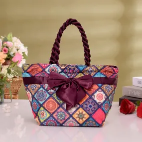 Kuber Industries Hand Purse | Polyester Hand Bag | Woman Shoulder Bag | Top Handle Handbag | Gifting Hand Purse | Ladies Tote Purse | Bow Rangoli Printed Handbag | Wine