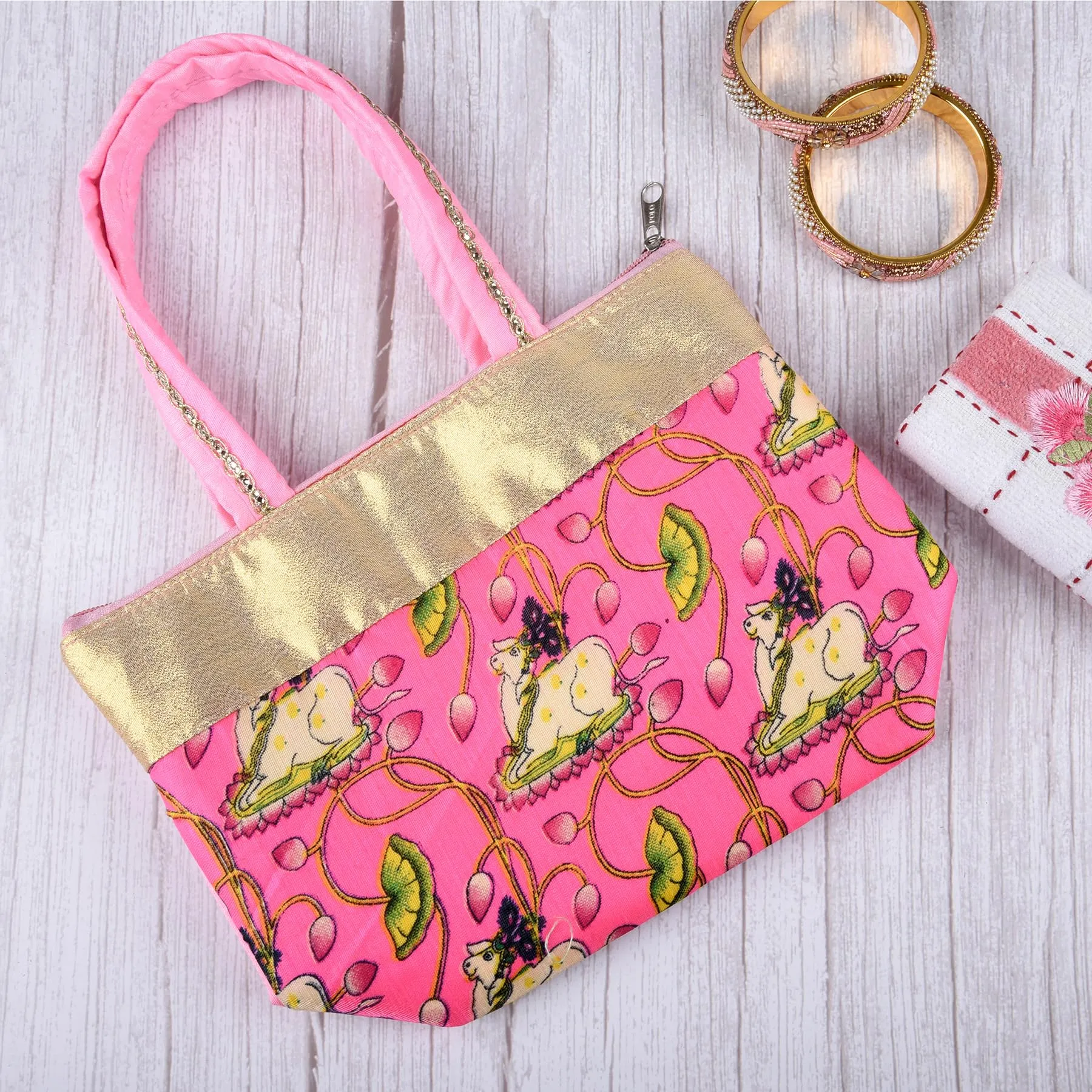 Kuber Industries Hand Purse|Traditional Mini Hand Bag|Silk Wallet Hand Bag|Shagun Hand Purse|Woman Tote Hand Bag|Gifts Hand Bag|Cow-Small Hand Purse|Pack of 2|Pink