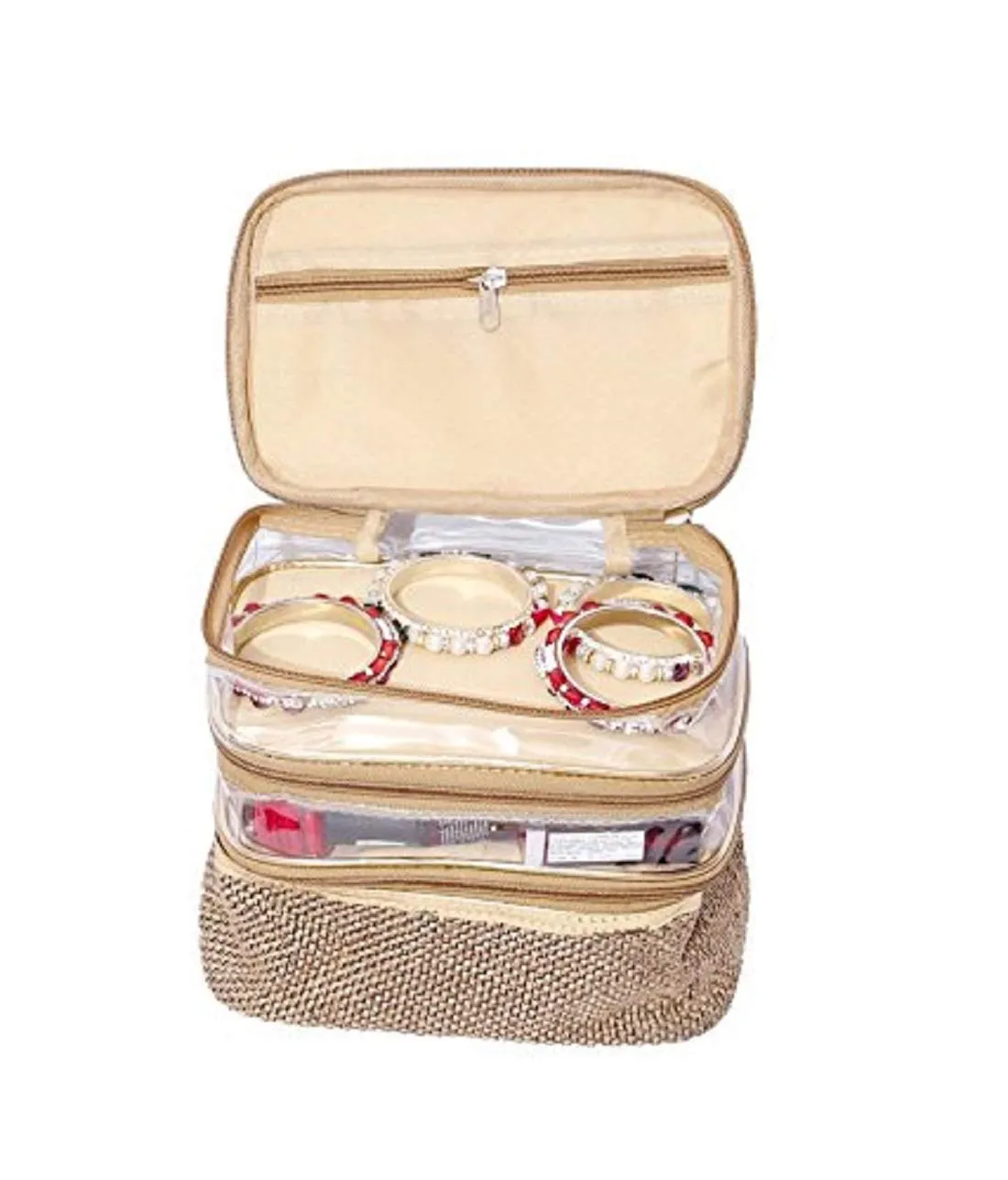 Kuber Industries Jute Rectangular Jewellery Kit|3 Compartments & Transparent Look|Size 23 x 23 x 14 (Gold)