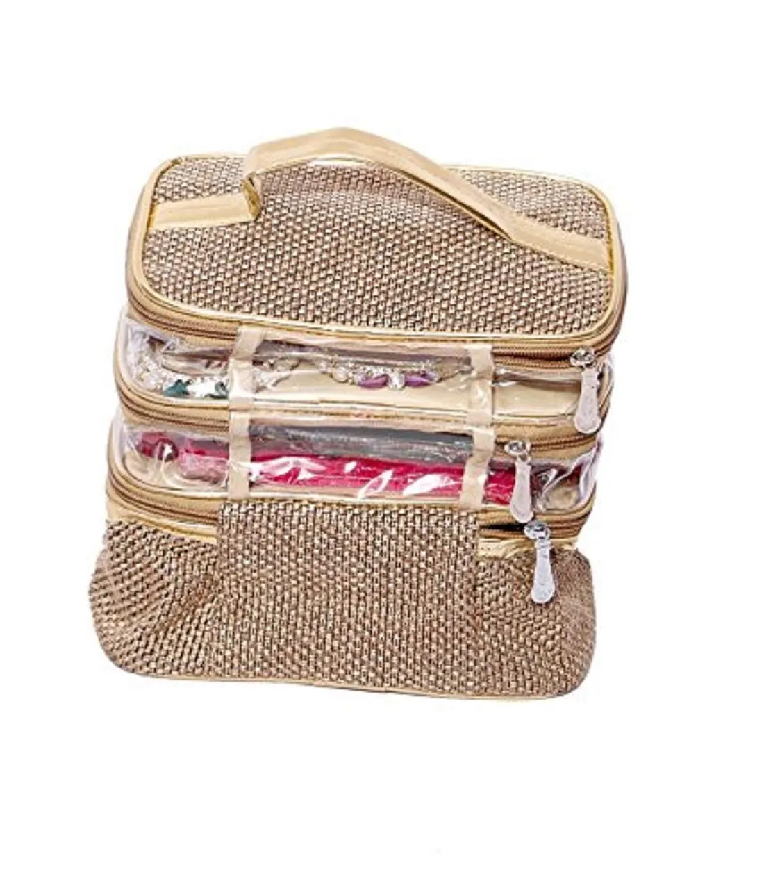 Kuber Industries Jute Rectangular Jewellery Kit|3 Compartments & Transparent Look|Size 23 x 23 x 14 (Gold)