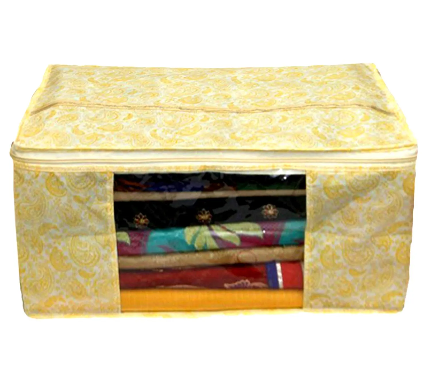 Kuber Industries Metallic Printed Non Woven 3 Pieces Saree Cover and 3 Pieces Underbed Storage Bag, Cloth Organizer for Storage, Blanket Cover Combo Set (Gold) -CTKTC38587