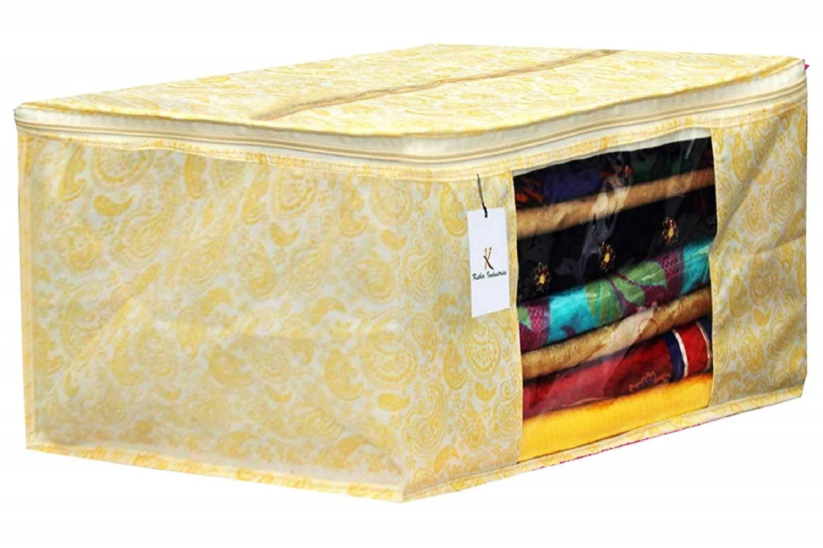 Kuber Industries Metallic Printed Non Woven 3 Pieces Saree Cover and 3 Pieces Underbed Storage Bag, Cloth Organizer for Storage, Blanket Cover Combo Set (Gold) -CTKTC38587