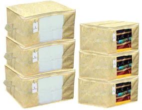 Kuber Industries Metallic Printed Non Woven 3 Pieces Saree Cover and 3 Pieces Underbed Storage Bag, Cloth Organizer for Storage, Blanket Cover Combo Set (Gold) -CTKTC38587