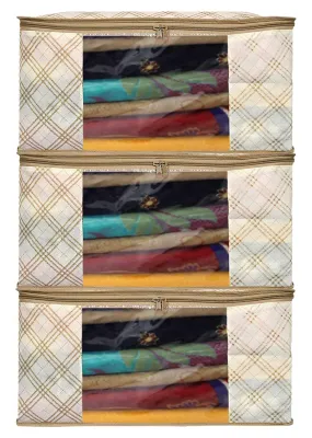 Kuber Industries Tartan Design Non-woven Sarees, Clothes Cover/Organizer With Transparent Window- Pack of 3 (Beige)-44KM0370