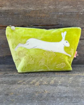 Large Velvet Make Up Bag With Leaping Hare - Lime