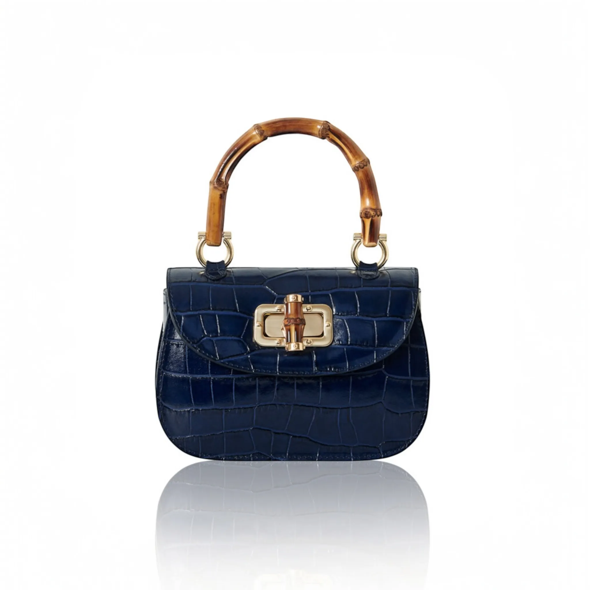 Leather Croc Embossed Mini Bag with Bamboo Handle Navy