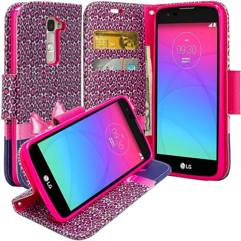 LG Leon LTE Case | Lg Tribute 2 Case | LG Power | LG Sunset | LG Destiny | LG Risio Case, Wallet Case, Wrist Strap [Kickstand] Pu Leather Wallet Case with ID & Credit Card Slots - Hot Pink Cheetah