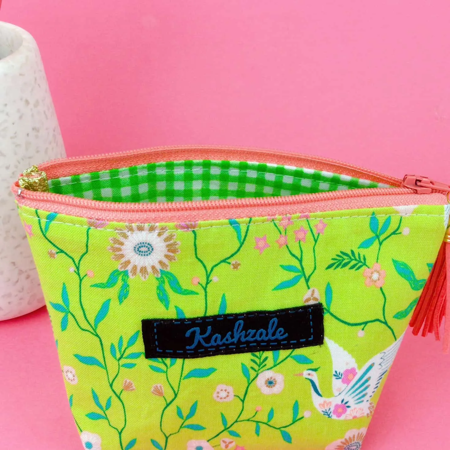 Lime Cranes Small Makeup Bag. Lime Green Small Makeup Bag