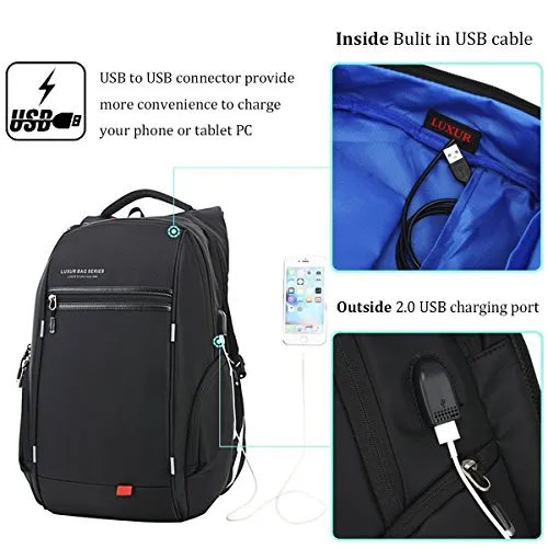 LUXUR 37L Laptop Backpack USB Charging Port Nylon Casual School Business Travel Daypack