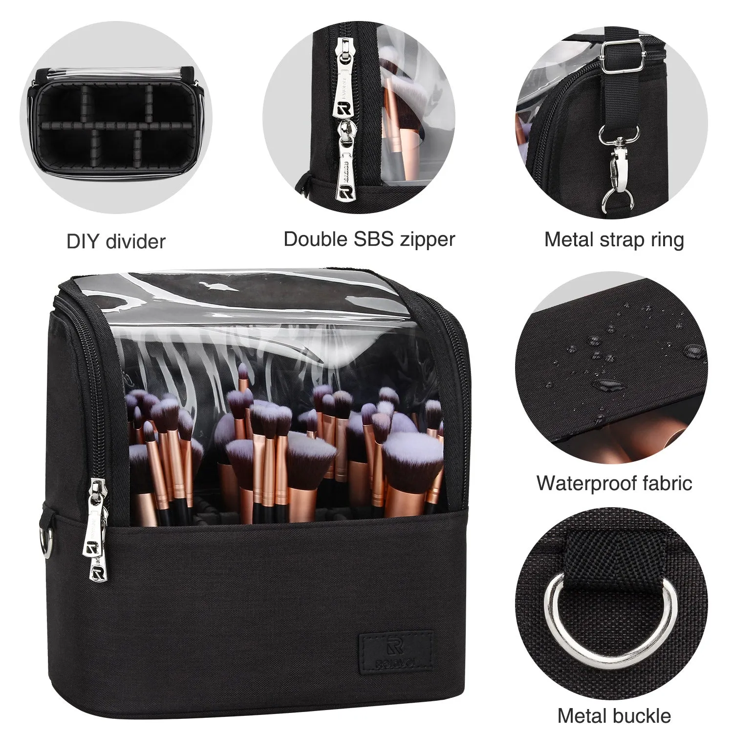 Makeup Brush Case with Shoulder Strap and Adjustable Divider (Large Black)