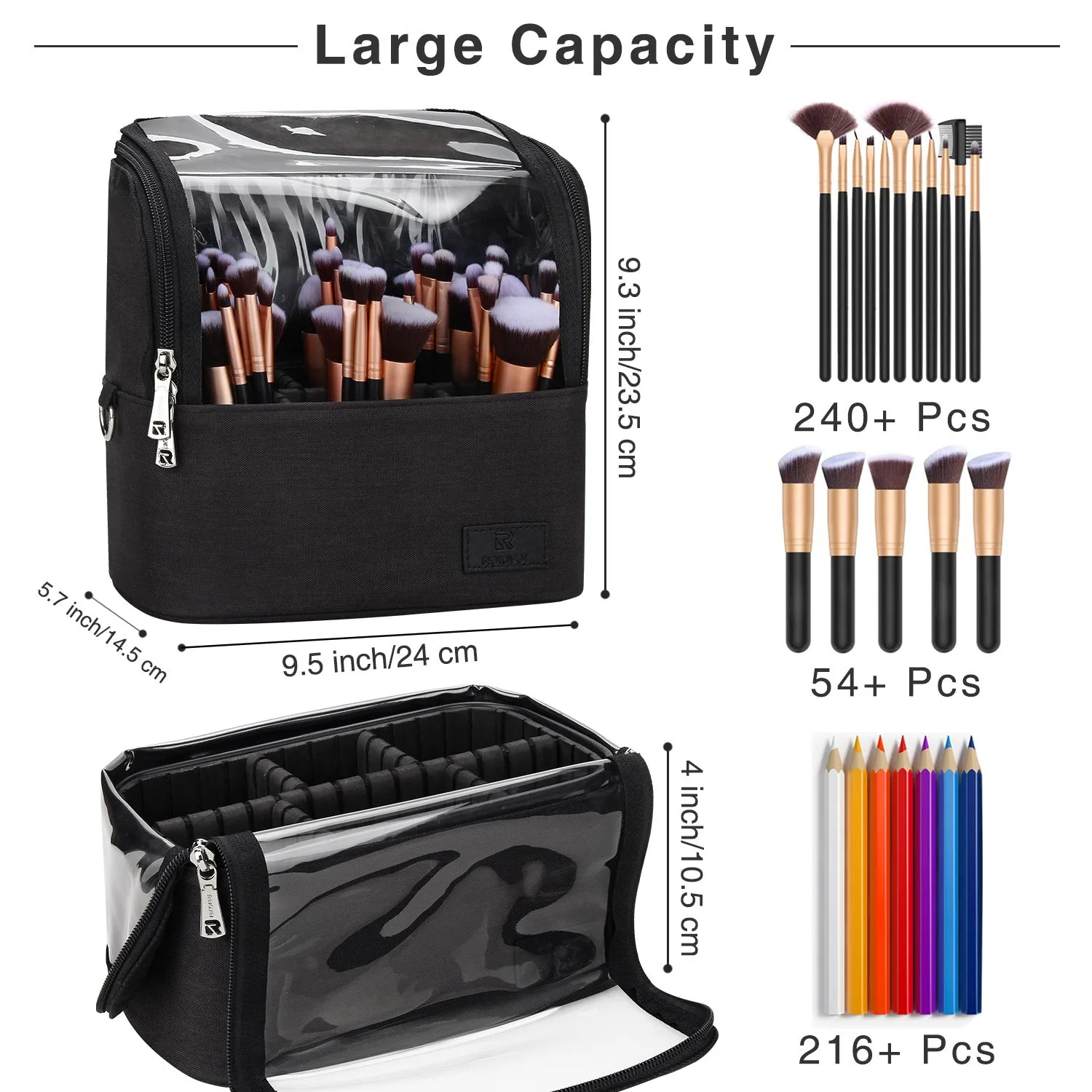 Makeup Brush Case with Shoulder Strap and Adjustable Divider (Large Black)