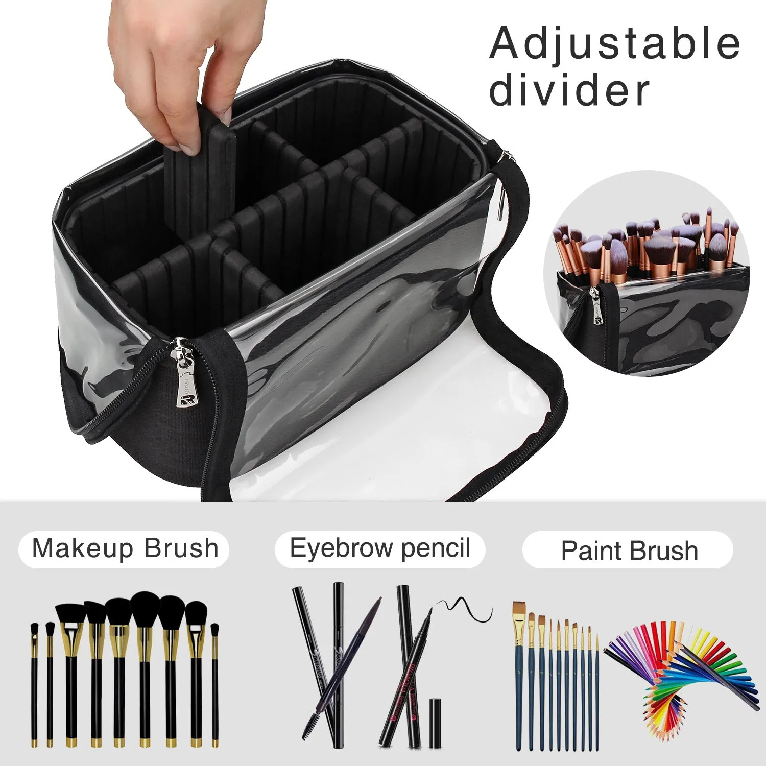 Makeup Brush Case with Shoulder Strap and Adjustable Divider (Large Black)