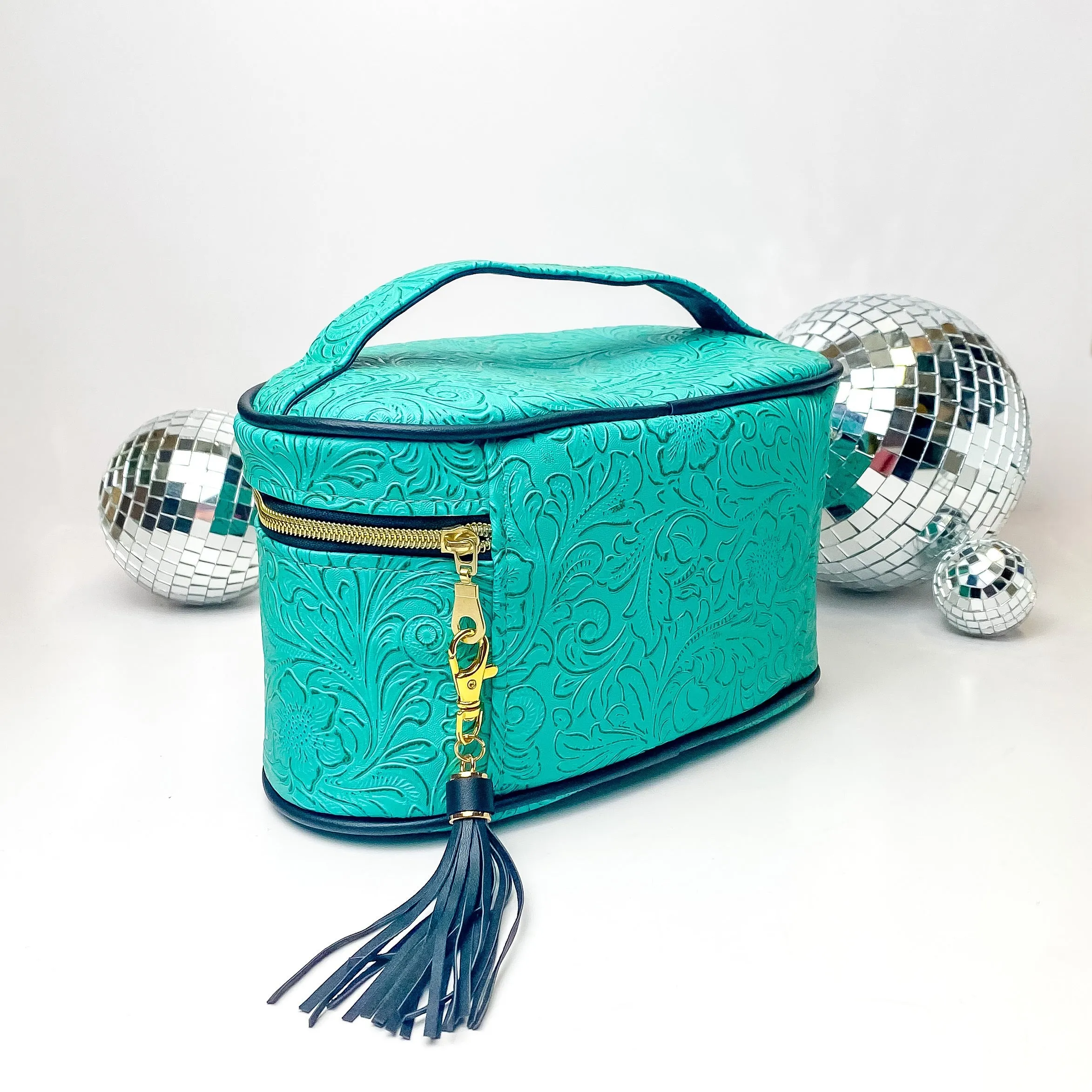 Makeup Junkie | Small Turquoise Dream Train Case in Turquoise Green Tooled Print