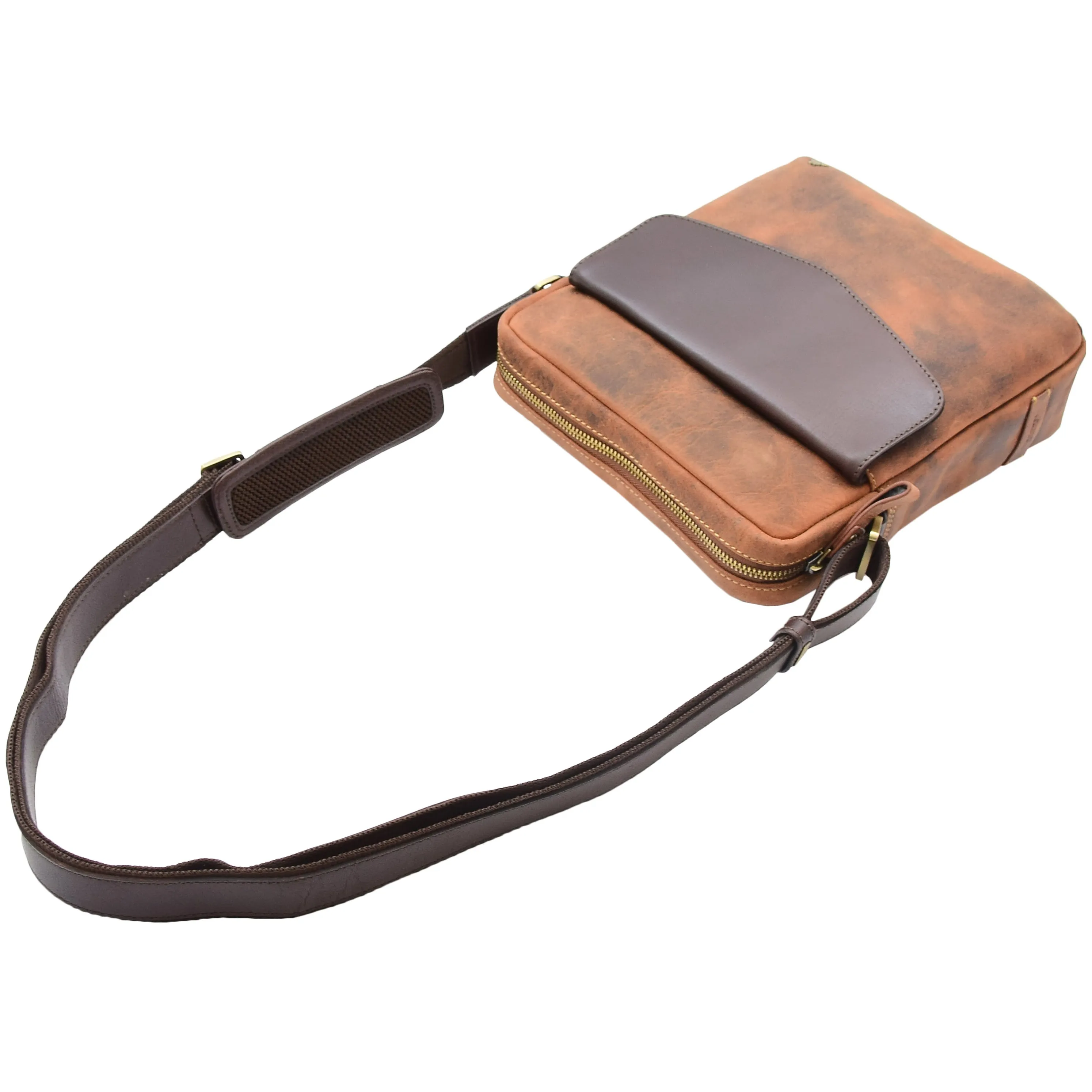 Mens Hunter Crossbody Bag Organiser Genuine Leather Multi Pockets São Paulo Tan