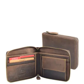 Mens Real Leather Hunter Zip Oiled Leather Wallet RFID HOL2207 Brown