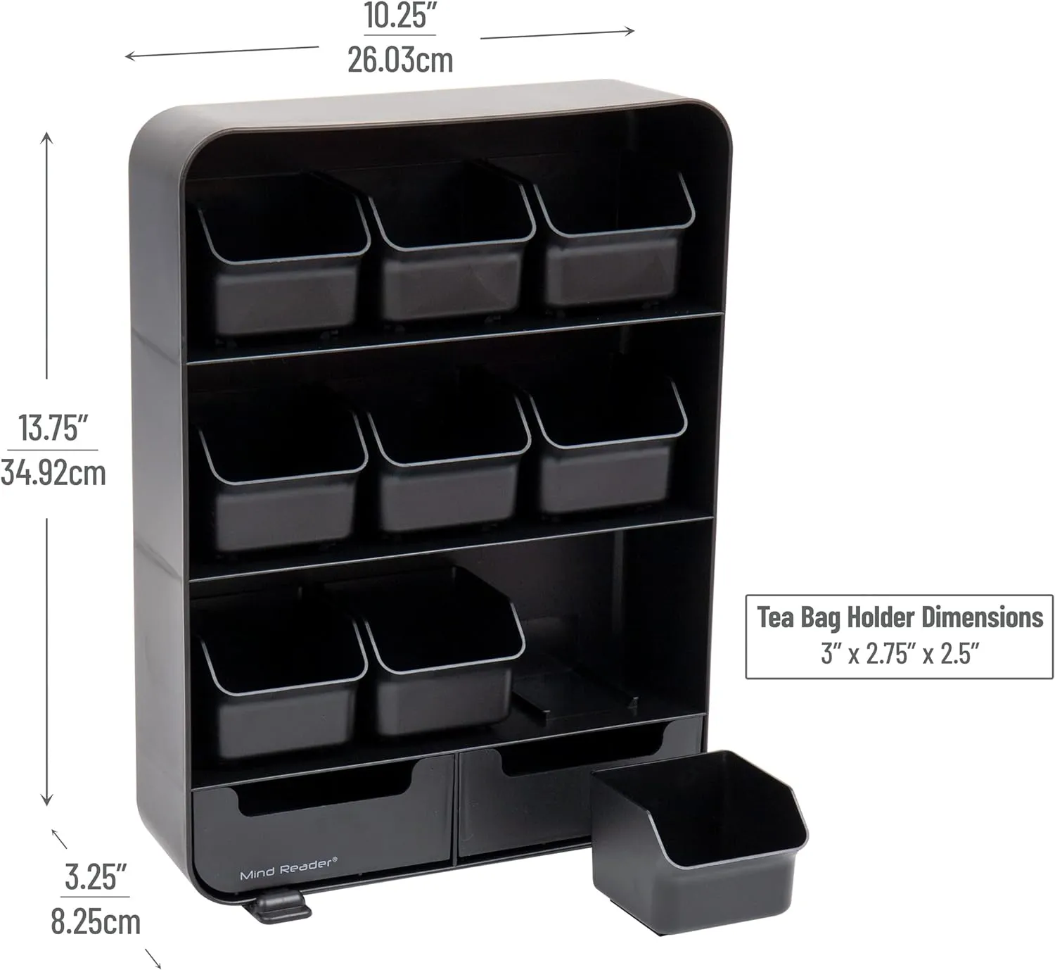 Mind Reader Tea Bag Organizer, Tea Station Organizer, Countertop Storage, Kitchen, Plastic, 10.25"L x 3.25"W x 13.75"H, Black