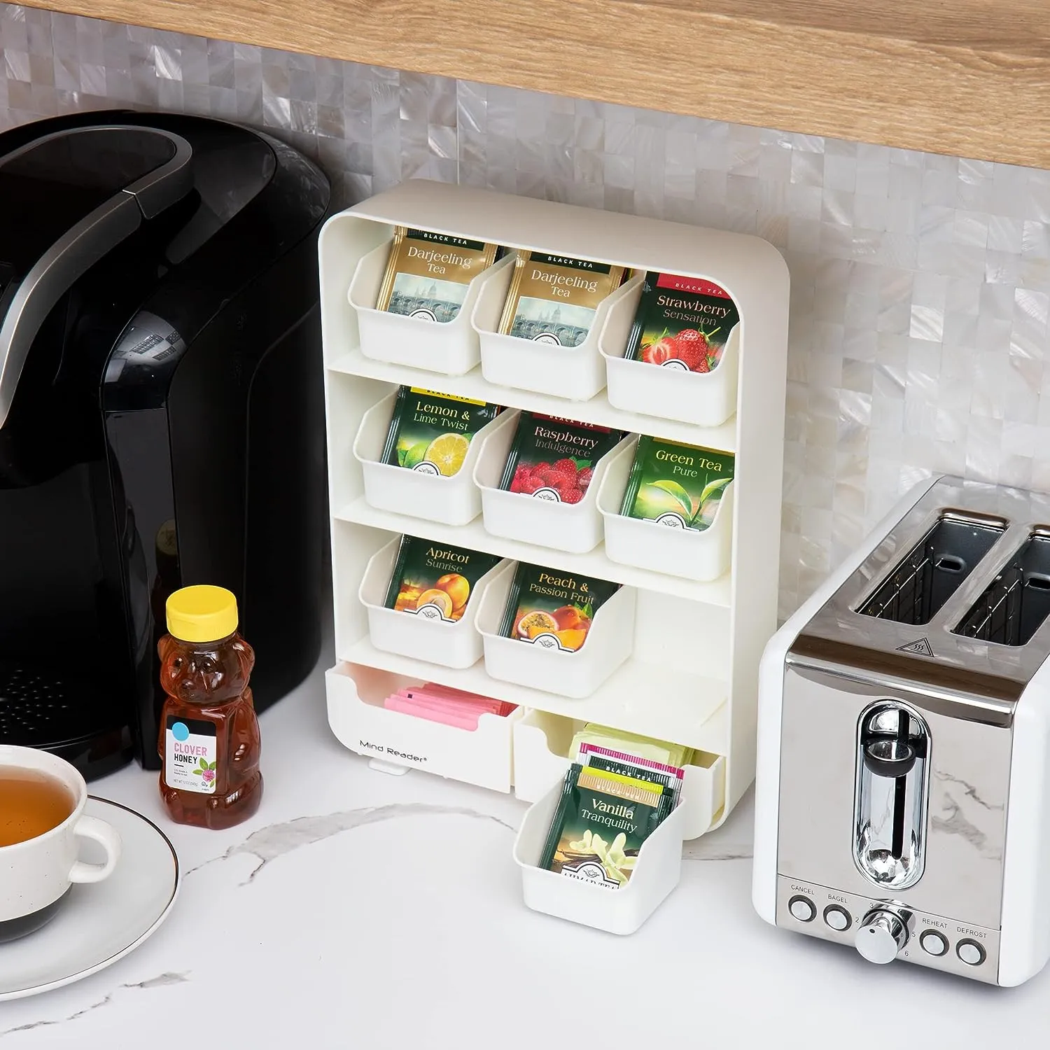 Mind Reader Tea Bag Organizer, Tea Station Organizer, Countertop Storage, Kitchen, Plastic, 10.25"L x 3.25"W x 13.75"H, Black