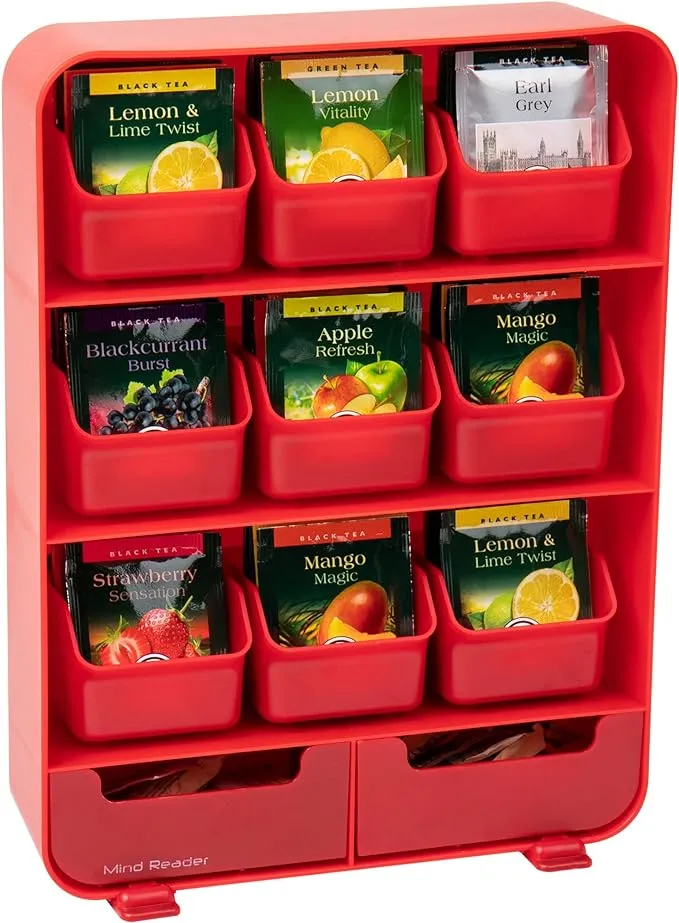 Mind Reader Tea Bag Organizer, Tea Station Organizer, Countertop Storage, Kitchen, Plastic, 10.25"L x 3.25"W x 13.75"H, Black