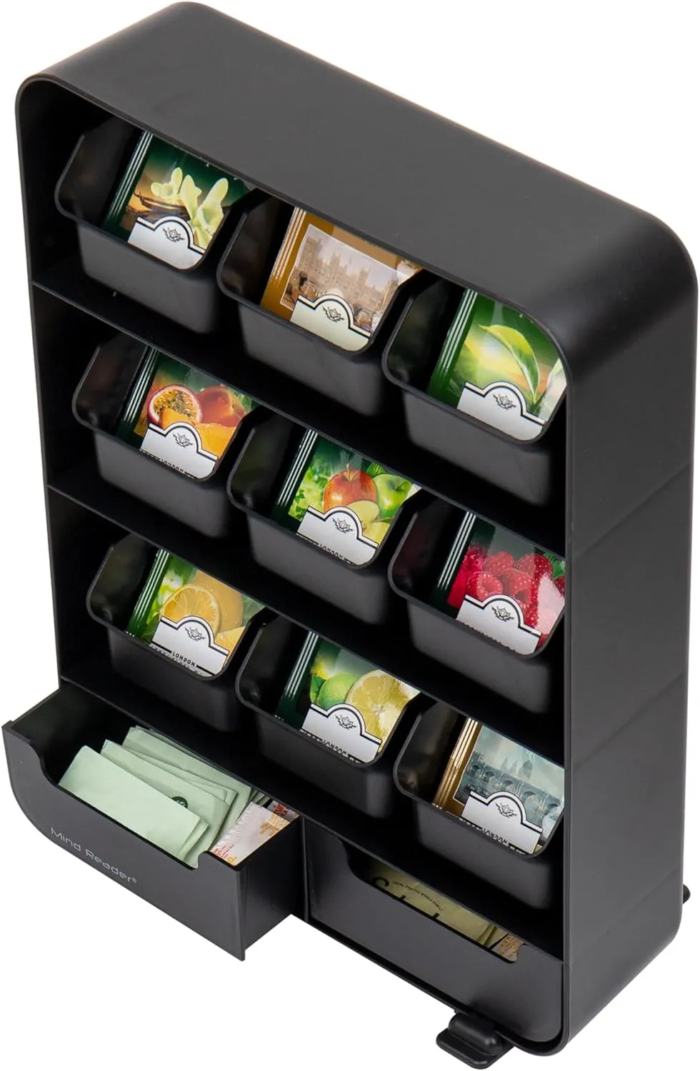 Mind Reader Tea Bag Organizer, Tea Station Organizer, Countertop Storage, Kitchen, Plastic, 10.25"L x 3.25"W x 13.75"H, Black