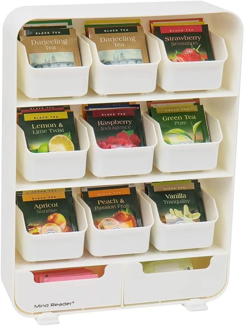 Mind Reader Tea Bag Organizer, Tea Station Organizer, Countertop Storage, Kitchen, Plastic, 10.25"L x 3.25"W x 13.75"H, Black