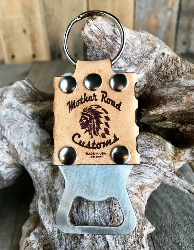 Mother Road Customs Leather Key Chain Stainless Steel Bottle Opener Beer Harley