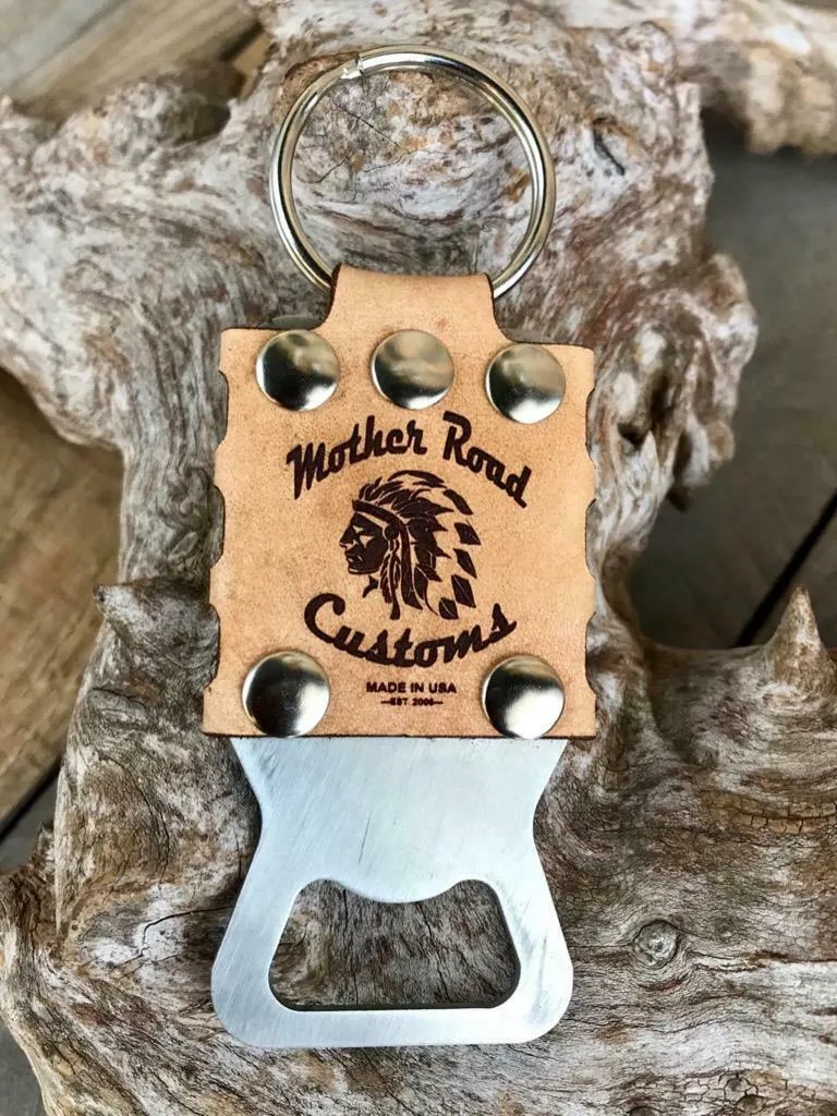 Mother Road Customs Leather Key Chain Stainless Steel Bottle Opener Beer Harley