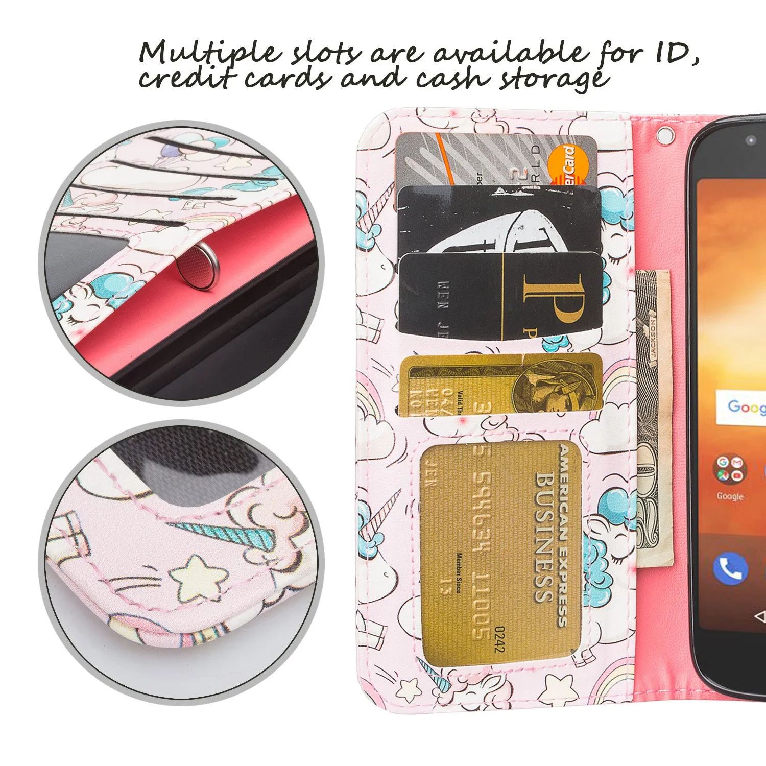 Motorola Moto E5 Plus Case, Moto E5 Cruise Wallet Case, Wrist Strap Pu Leather Wallet Case [Kickstand] with ID & Credit Card Slots - Pink Unicorn