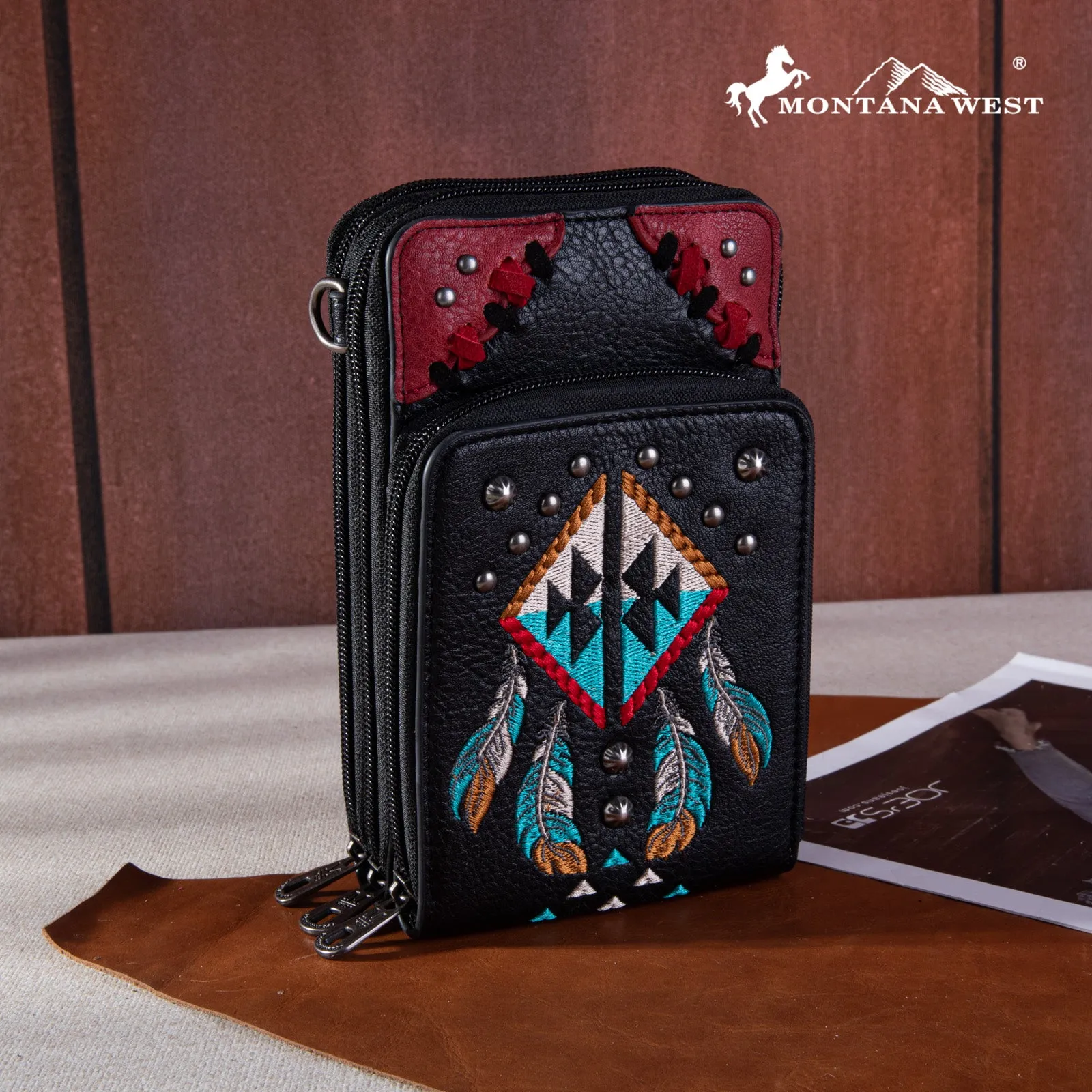 MW1246-183A  Montana West Embroidered Arrows Feathers Collection Phone Wallet/Crossbody