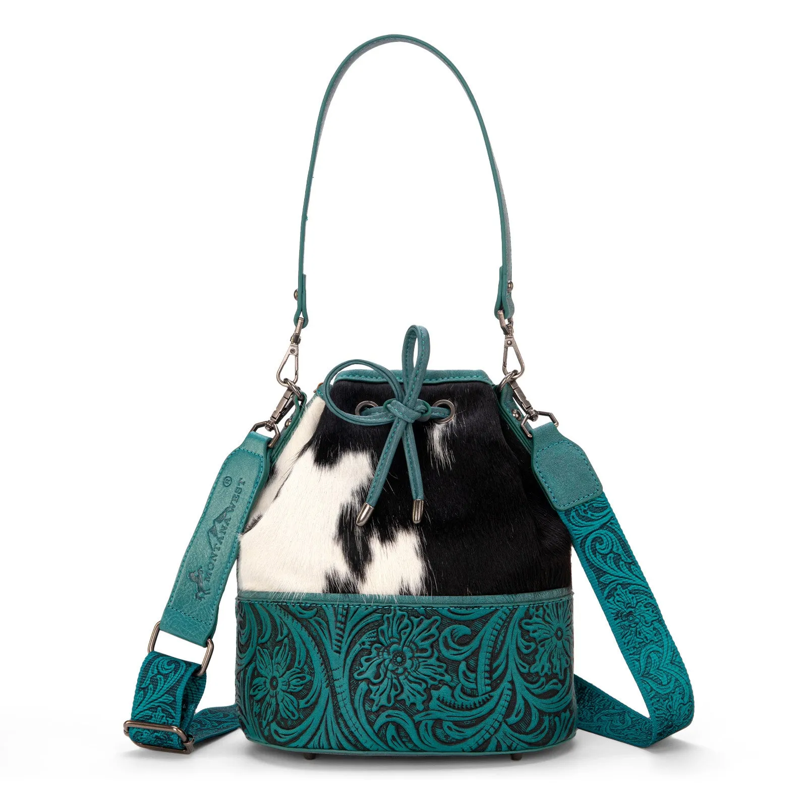 MW1275-8360 Montana West Cowhide Tooled Bucket Shoulder/Crossbody Bag- Turquoise