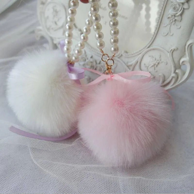 Pearls & Pompons Faux Rabbit Fur Ball Keychain