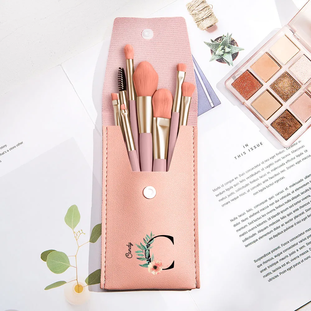 Personalized Flower Leather Makeup Brush Bag with 8 Pcs Makeup Brushes Gift for Her