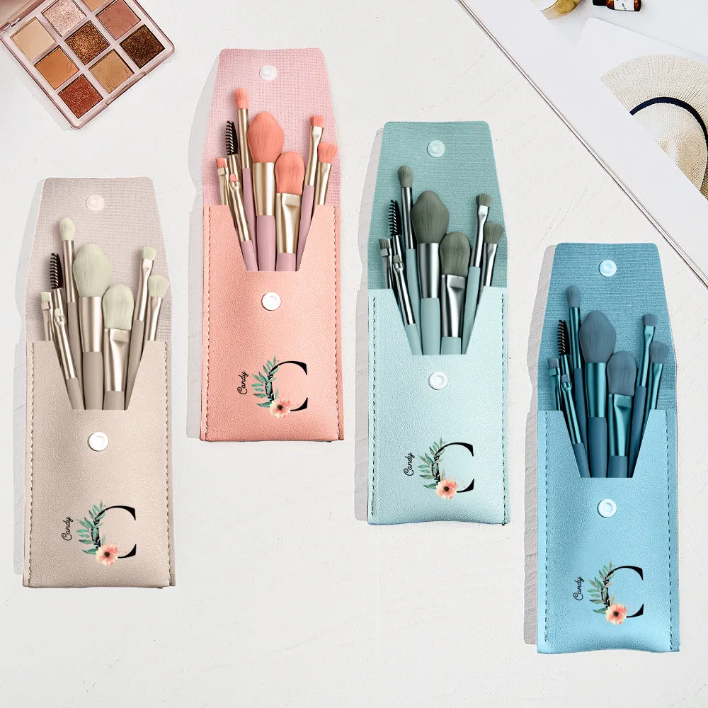 Personalized Flower Leather Makeup Brush Bag with 8 Pcs Makeup Brushes Gift for Her