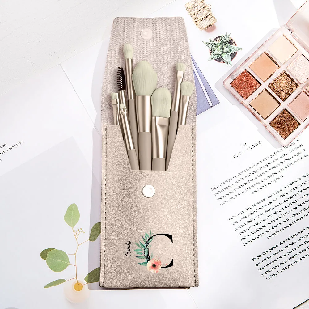 Personalized Flower Leather Makeup Brush Bag with 8 Pcs Makeup Brushes Gift for Her