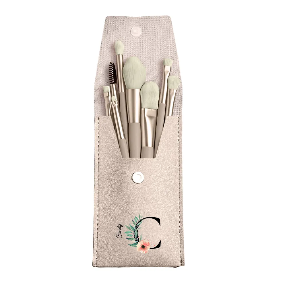 Personalized Flower Leather Makeup Brush Bag with 8 Pcs Makeup Brushes Gift for Her