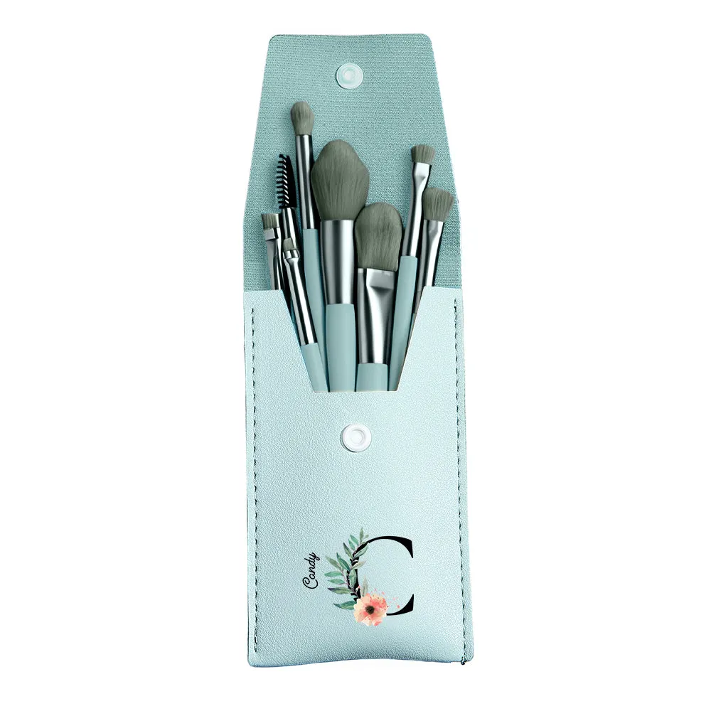 Personalized Flower Leather Makeup Brush Bag with 8 Pcs Makeup Brushes Gift for Her